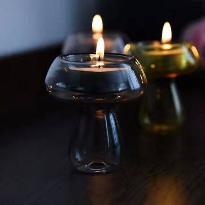 Handmade Small Mushroom Light Green Glass Candle Holders Painting Gift Sets for Wedding Day