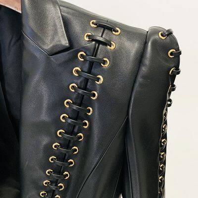 Fashion New Arrival V-neck Corns Metal Leather Jacket Tight Black Zipper Short Women's Clothing photo-5
