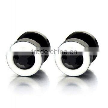 Mens Womens White Black Stud Earrings Steel Illusion Tunnel Plug Screw Back with 6MM Black Cubic Zirconia