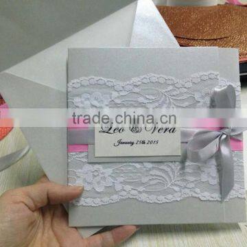 Hot sale elegant & personalized gray lace wedding invitations with gray&pink ribbons