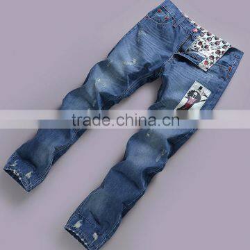 2014 Lastest Design Long Low Waisted Ripped Men Jean Wear Printed Washed Wholesale Popular Blue Men Jean Pants Trouser