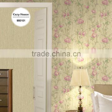 buy deep embossed pvc wallpaper, beige pastoral plant wall covering for office , environmental-friendly wall decor distributor