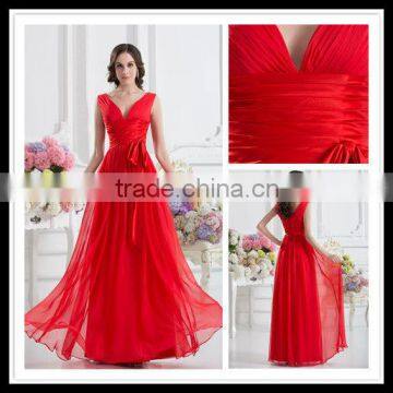 Real Sample Low V-neck A-line Empire Sexy Floor Length Red Satin Bowknot Bridesmaid Dress xyy07-037