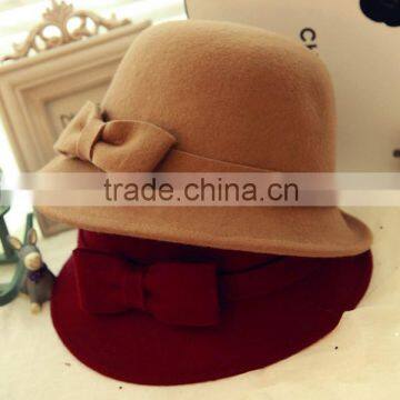 2014 New Arrival Fashion women felt hat with bow fedora trilby bowler derby cat