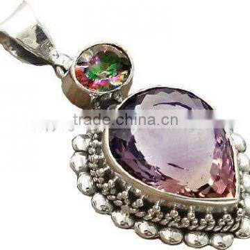Sterling Silver Blue Topaz & Garnets Pendant , Semiprecious Pendant K1202 photo-2