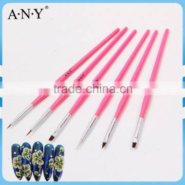 ANY Nail Art Design Using Pink Wood Handle 6PCS Kolinsky Nail Brush Set for Nail Painting