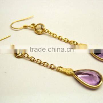 Amethyst & Citrine Pear & Round Facet 925 Sterling Silver Earrings, Designer Gemstone Earrings, Fashionable Bezel Earrings