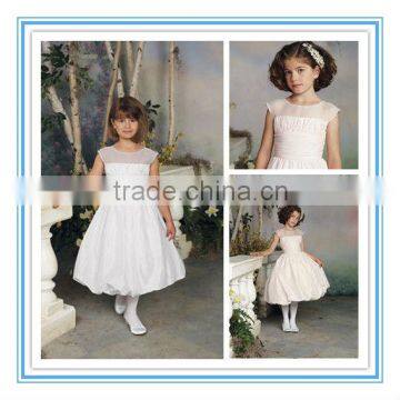 Cap Sleeve Taffeta Organza Mid-Calf Hand-Beading White Flower Girl Dresses (FLMO-3069)