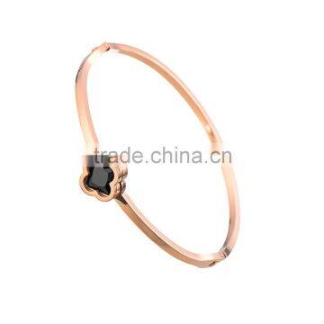 Rose Gold Black Rhinestone Flower Stainless Steel Bangle Bracelets for Women