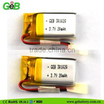 20mah Small Capacity Lithium Polymer Battery 301020 , 3.7v Smallest Lipo 20mah Battery