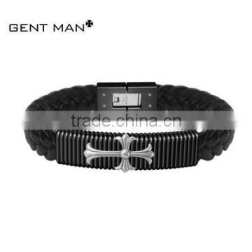 Chinese cheap high quality leather stainless steel bracelet for men