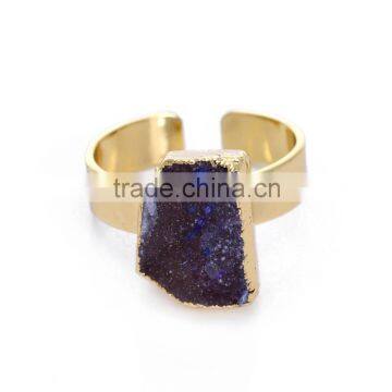 50pcs new arrival Golden Druzy Dark Purple Quartz Rings Women Raw Stone Jewelry Mineral Adjustable Ring 17*(19/12)mm