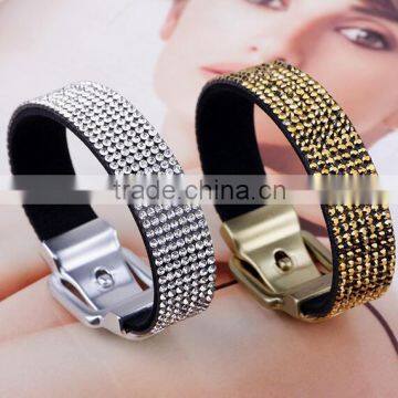 Wide Gold silvery Plating Magnet Closure Cuff Genuine Leather with Rivet Diamond Ring charm Bracelet /magnetic bangles wholesale