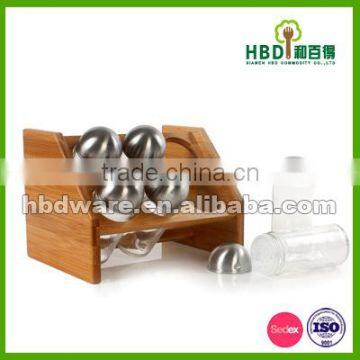 Hot selling bamboo rack Set with six glass spice jars wholesale