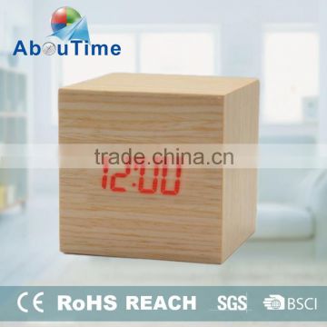 Fashion design cheap cube wooden led alarm clock