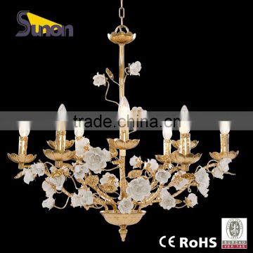 Hot sale 9 light gold foli ceramic flower chandelier/wrought Iron chandelier