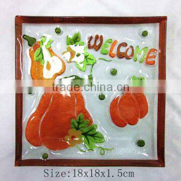 7" square hand painted pumpkin glass plate,