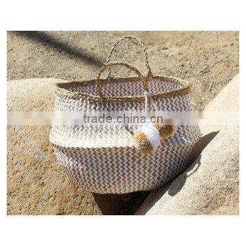 Pompom Beach Bag/Pompom Bag, White Zigzag Belly Basket With Pompom photo-3