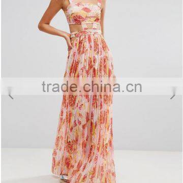 ladies clothes oem Palm print design Square neck Cut-out detailing maxi dresses long Beach Dress