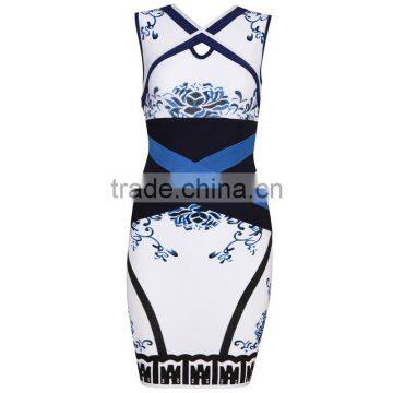 Restock Top Quality 2014 Chinese Elements Print Blue Ladies Mini Sexy Bodycon HL Bandage Dress Celebrity Style Dresses photo-4