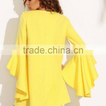Yellow Crew Neck Ruffle Sleeve Shift Dress 100% Polyester Long Sleeve Casual Short Dress photo-4