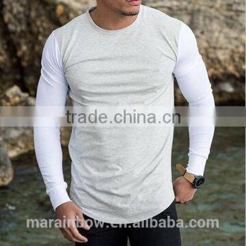 Mens Contrast Long Sleeve Gym T Shirt Longline Curved Hem T-Shirt Blank Muscle Bodybuilding T Shirt Plain Cotton Spandex T Shirt