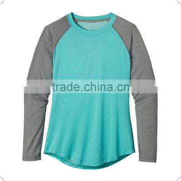 women's fashion raglan long sleeve performance sports t shirts with oval hem bottom custom wholesale