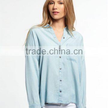 2017 China Manufacturer Shandao High Fashion New Casual Autumn Design Long Sleeve Button Opening Loose Blue Viscose Blouse photo-2