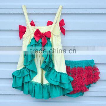 Wholesale Kids Clothes Sleeveless Baby Girls Outfits Red Bow Green Lace Trimmings Clothing Sets photo-4