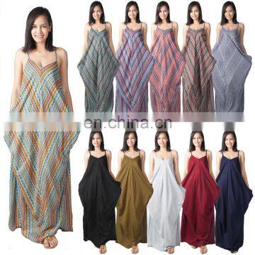 Lofbaz Women's Casual Bohemian Spring Summer Low V Neck Spaghetti Strap Maxi Dresses S-M-L-XL