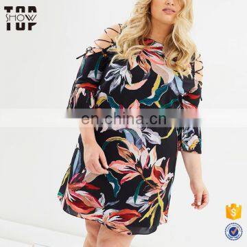 Women's black open lace up shoulders half sleeve floral print plus size lady dress