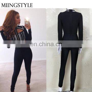 bodycon suit bandage romper black women beaded sexy jumpsuit for ladies