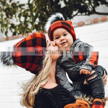 Cowinner Xmas Plaid Knit Matching Hats For Mom And Baby Christmas Buffalo Knit Warm Beanies Hat With Pom Pom Ball