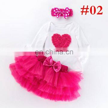 3PCS SET Baby Outfit RED HEART ROMPER & 6LAYER TUTUS SKIRTS & BOW HEADBAND Valentines Day Kids Clothing Set photo-2
