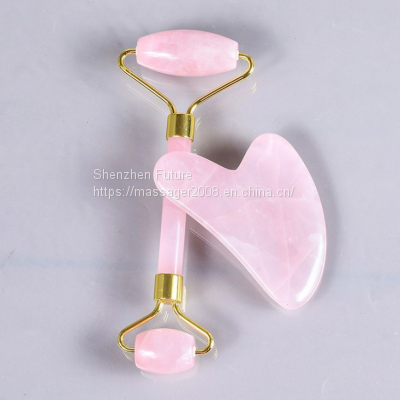 Wholesale Gemstone Massage Tools Pink Jade Roller with Gua Sha Stone Rose Quartz Roller with Guasha