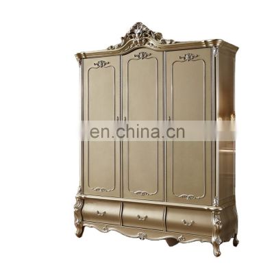 Royal golden Bedroom Furniture wooden closet luxury antique 3 door wardrobe cabinet amoires