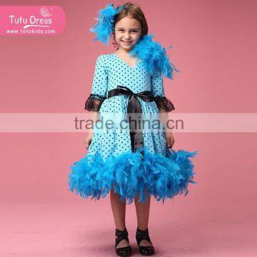 New design dress girls leisure feather blue baby dress fashion