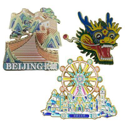 Custom combination of metal refrigerator stickers and cultural and creative cartoon character ornaments DIY Flowing Sand City Scenic Area 3D custom