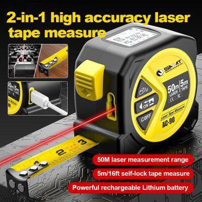 2 in 1 Digital Laser Tape Measure 165ft/50m Laser Distance Meter LCD Screen With 16ft/5m AutoLock Measuring Tape