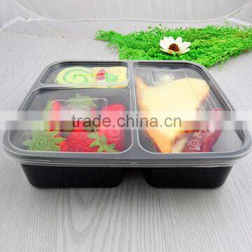 OEM Three Compartment Black Takeaway Food Container with Clear Lid PP Plastic Fast Food Packaging Stackable Box Container