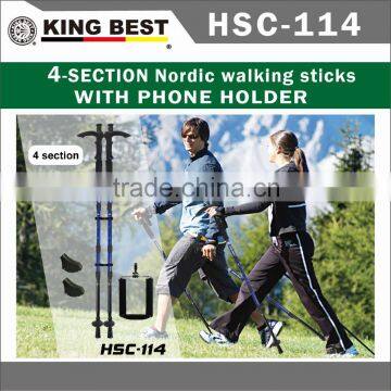 KINGBEST Popular Walking stick 4-Section Nordic walking sticks With Phone Holder adjustable folding nordic walking stick