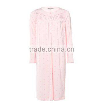 Wholesale OEM Spring Winter Cotton Spandex Long Sleeves Elder Women Pink Sleep Nightgown