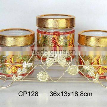 CP128 3pcs glass jar set with metal rack and decal printing