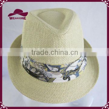 Natural Straw Fedora With Flower Printed Band