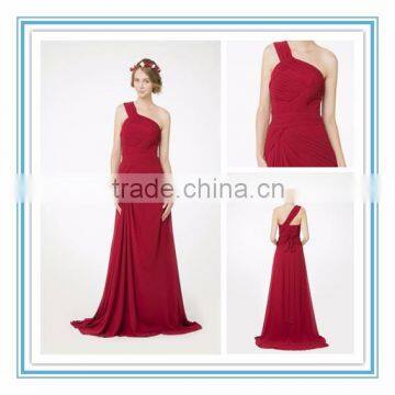 New Elegant Red Natural Waist Bridesmaid Gown A-Line One Shoulder Long Chiffon Bridesmaid Wedding Dress Patterns 2015(RHM-2102)