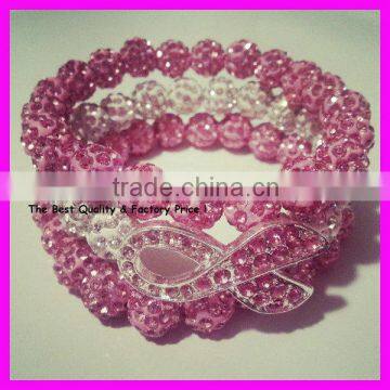 GZKJL-BL0091 Crystal Shamballa bead Pink Ribbon Triple bracelet, Rhinestone Breast Cancer Awareness wrap bracelet