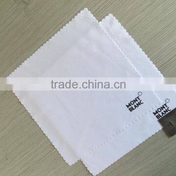 Famous brand microfiber cleaning cloth white color cloth black silk screen printing logo half moon cutting