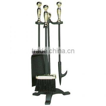 4-Piece Polished Brass and Black Fire Set with Ball Handle