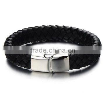 Wide Braided Leather Bracelet for Men Black Genuine Leather Wristband with Magnetic Box Clasp