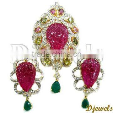 Emerald Ruby Pendant Sets, Diamond Gold Pendant Sets, Diamond Jewelry